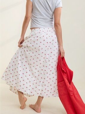 Aerie The New Essentials White Cherry Print Midi Skirt NWT